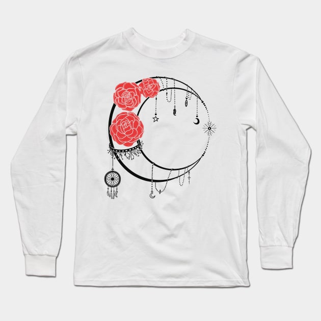 Ligh Moon with Transparent lines Red Roses Tattoo Long Sleeve T-Shirt by Kalma Kun
